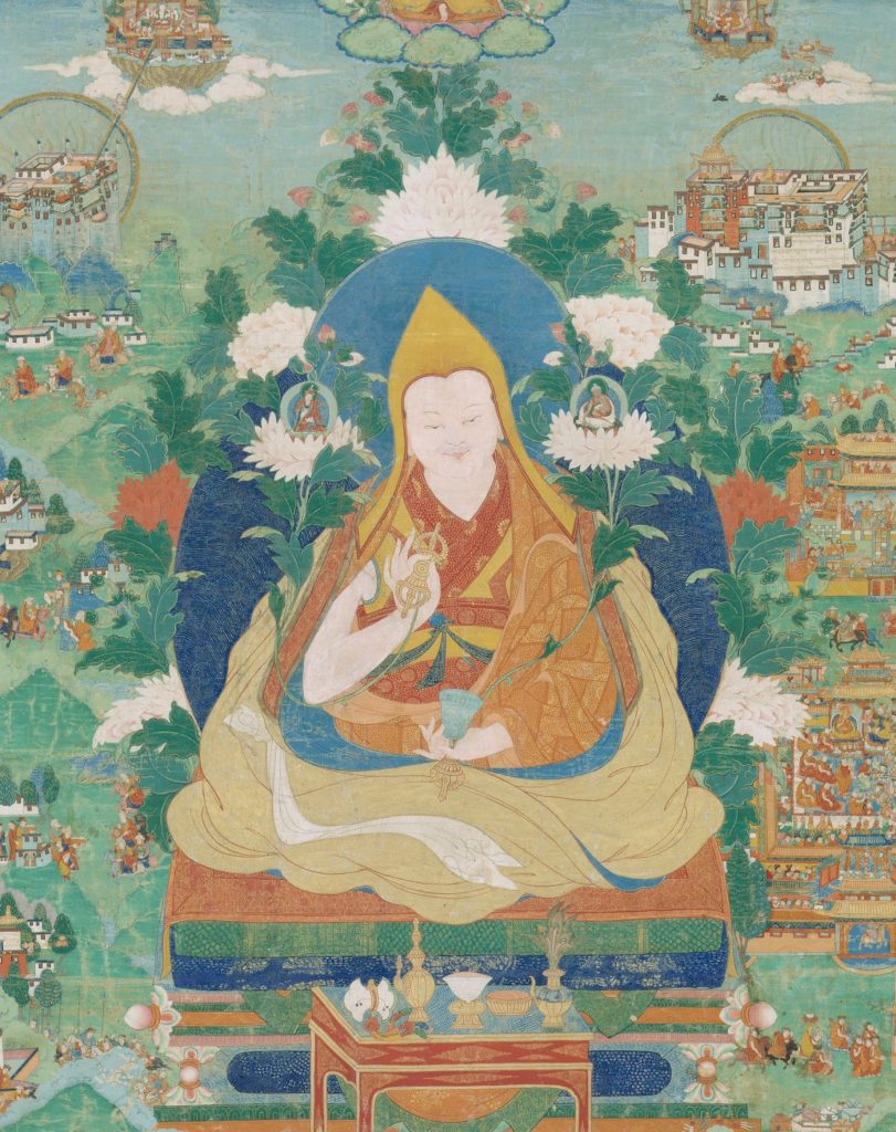 Detail of The Fifth Dalai Lama’s Descent from the Pure Lands, an eighteenth-century Tibetan thangka